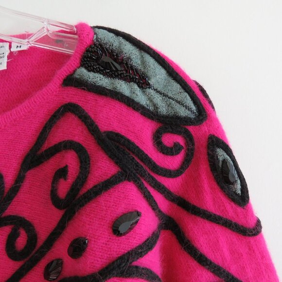 VINTAGE CEDARS Angora Lambswool  Pink Beaded Dolman Sleeve Sweater - Size M - Picture 3 of 15